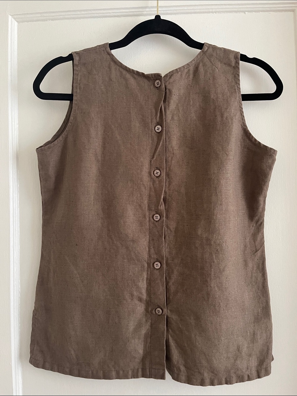 Brown Handmade V-Neck Full Button Linen Sleeveless Blouse Top XS/ S - Picture 2 of 11